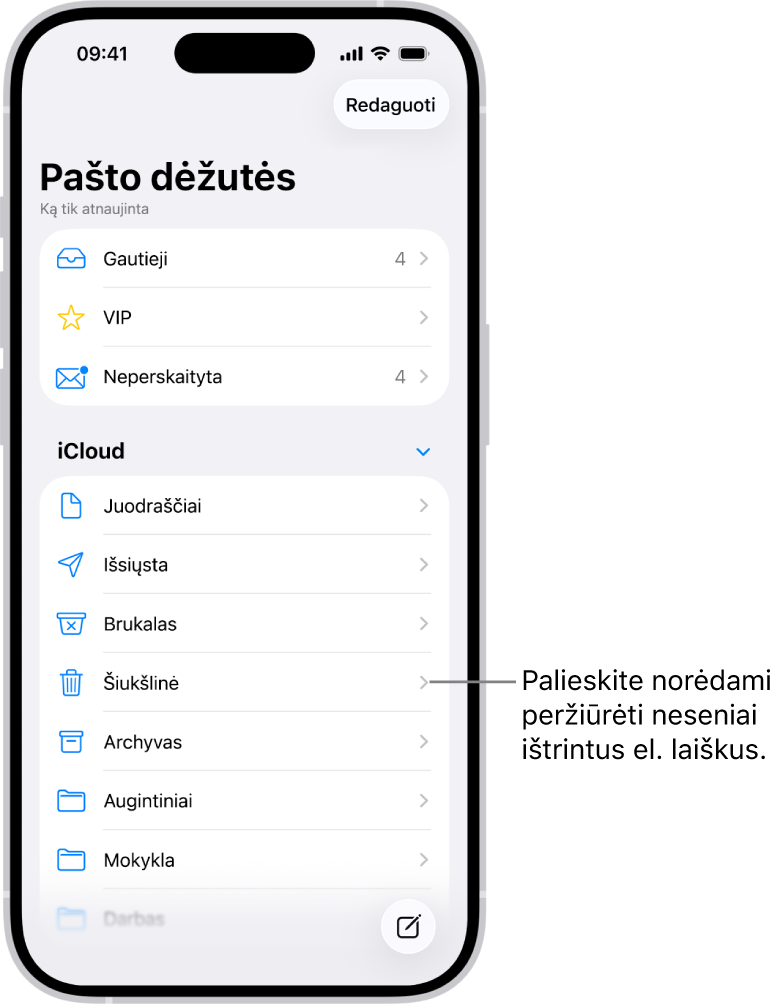 Ekranas „Pašto dėžutės“. Po „iCloud“ iš viršaus į apačią išvardytos pašto dėžutės, įskaitant pašto dėžutę „Perkelti į šiukšlinę“. Bakstelėkite ją, kad pamatytumėte neseniai ištrintus el. laiškus.