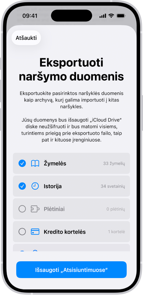 Ekrane „Naršymo duomenų eksportavimas“ rodomi duomenys, kuriuos galite eksportuoti iš „Safari“ į kitą naršyklę.