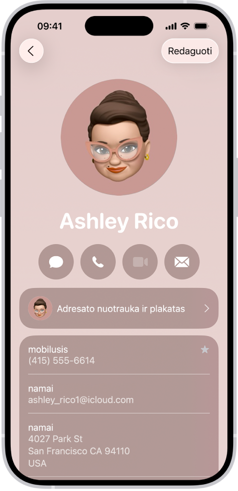 Kontakto kortelė programoje „Adresatai“.
