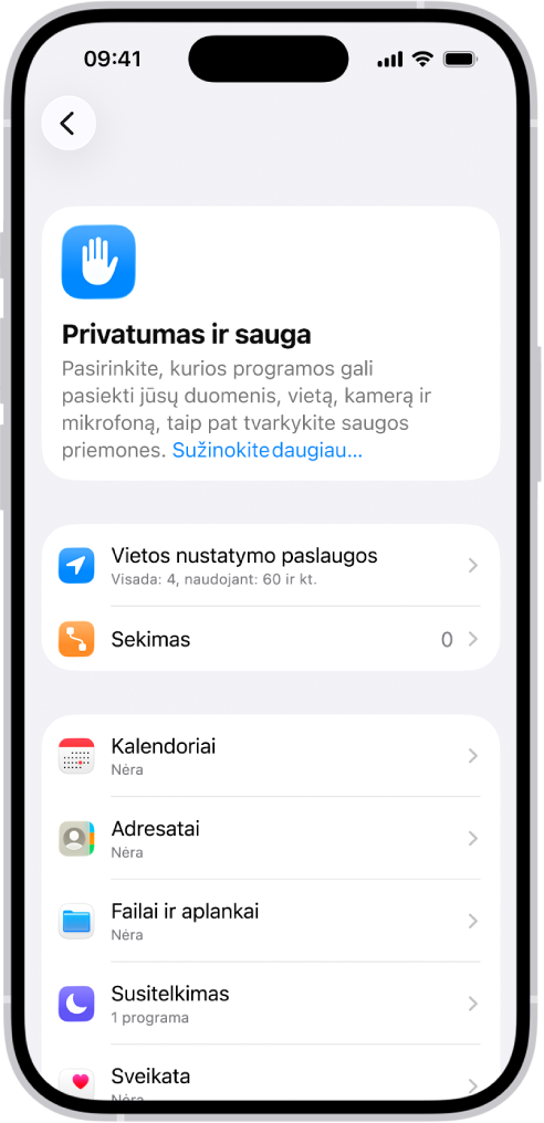 Privatumo ir saugos ekranas programoje „Nustatymai“.