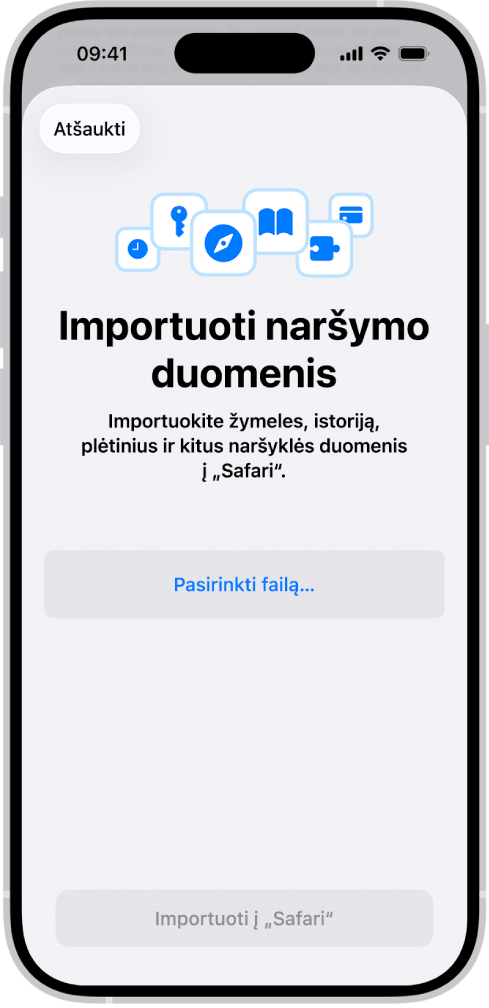 Ekrane „Importuokite naršymo duomenis“ raginama pasirinkti importuojamą failą.
