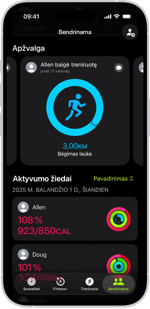 „Fitness“ bendrinimo ekrane matosi veiklos akcentai ir aktyvumo žiedai, kuriuos asmuo bendrina su draugais.