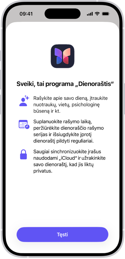 Programos „Dienoraštis“ pasveikinimo ekranas.