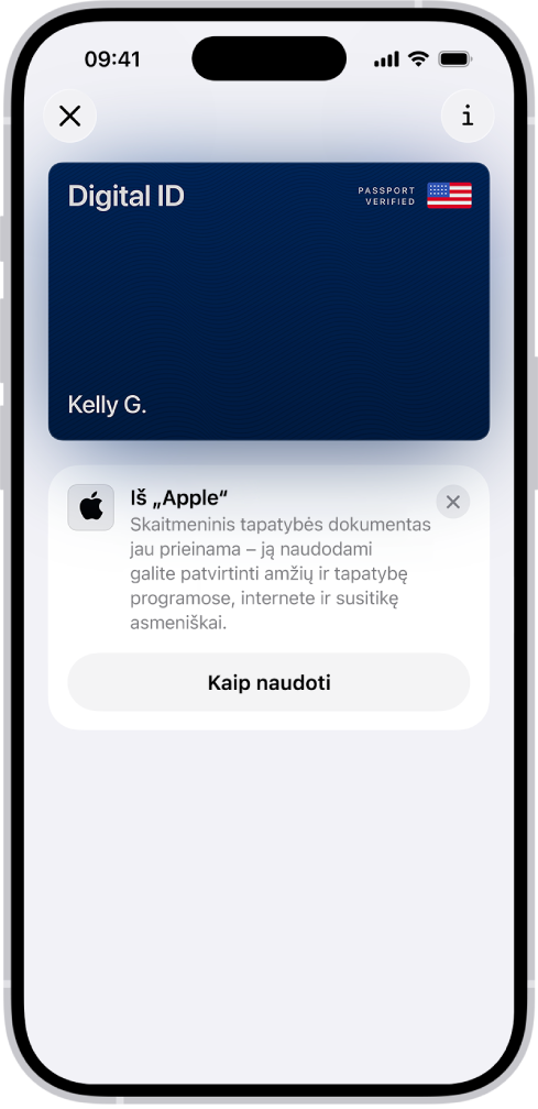 Skaitmeninis tapatybės dokumentas programoje „Piniginė“.