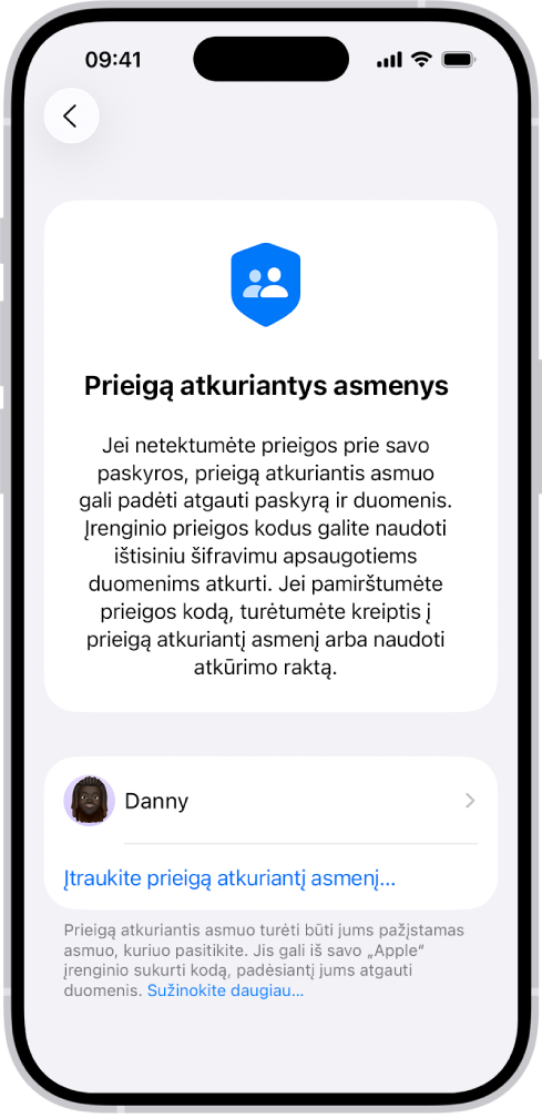 Ekranas „Įtraukti prieigą atkuriantį asmenį“.
