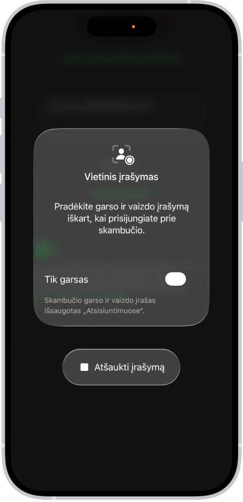 Ekranas, kuriame inicijuojamas vietinis vaizdo konferencijos vaizdo ir garso įrašymas.