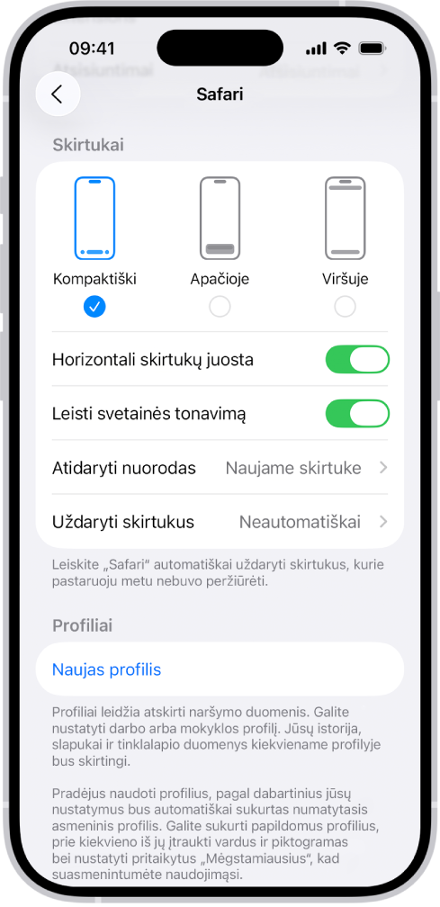 Ekranas, kuriame rodomi trys „Safari“ maketai: „Kompaktiškas“, „Apačioje“ ir „Viršuje“.