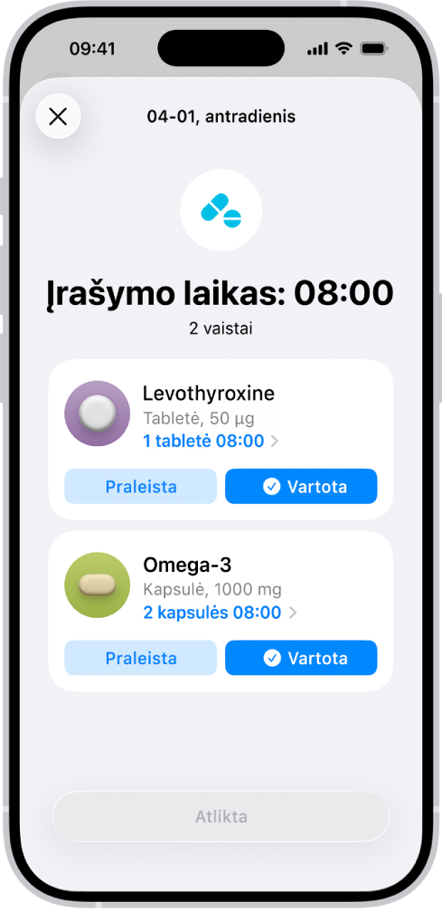 Programos „Sveikata“ ekranas „Vaistai“, kuriame matosi vaistų žurnalas.