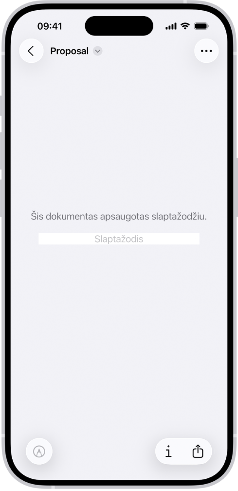 Užrakinta PDF forma, kurioje rodomas slaptažodžio laukas. Ekrano apačioje yra mygtukai „Žymėjimas“, „Informacija“ ir „Bendrinti“.