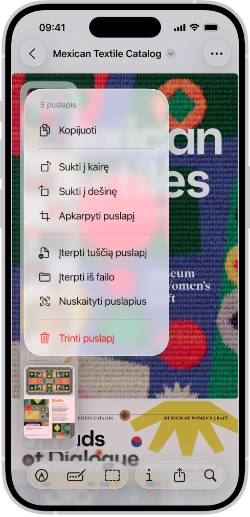 PDF katalogas su miniatiūromis kairėje. Paskutinė miniatiūra yra pažymėta, o virš jos yra meniu su parinktimis „Kopijuoti“, „Sukti į kairę“, „Sukti į dešinę“, „Apkirpti puslapį“, „Įterpti tuščią puslapį“, „Įterpti iš failo“, „Nuskaityti puslapius“ ir „Trinti puslapį“.