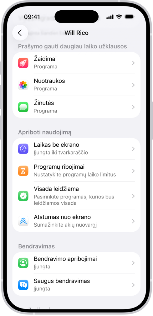 Vaikui skirtas „Bendrinimo su šeima“ grupės ekranas, kuriame rodomas skyrius „Prašymai gauti daugiau laiko“.