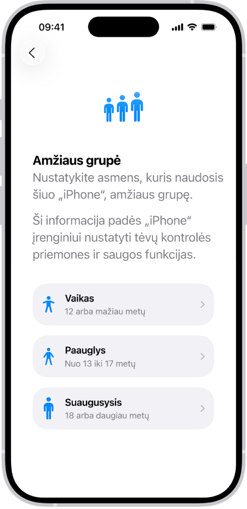 „Amžiaus intervalų“ sąrankos ekranas. Nurodyti trys intervalai: „Vaikas“ (12 ar mažiau metų), „Paauglys“ (13–17 metų) ir „Suaugusysis“ (18 ar daugiau metų).