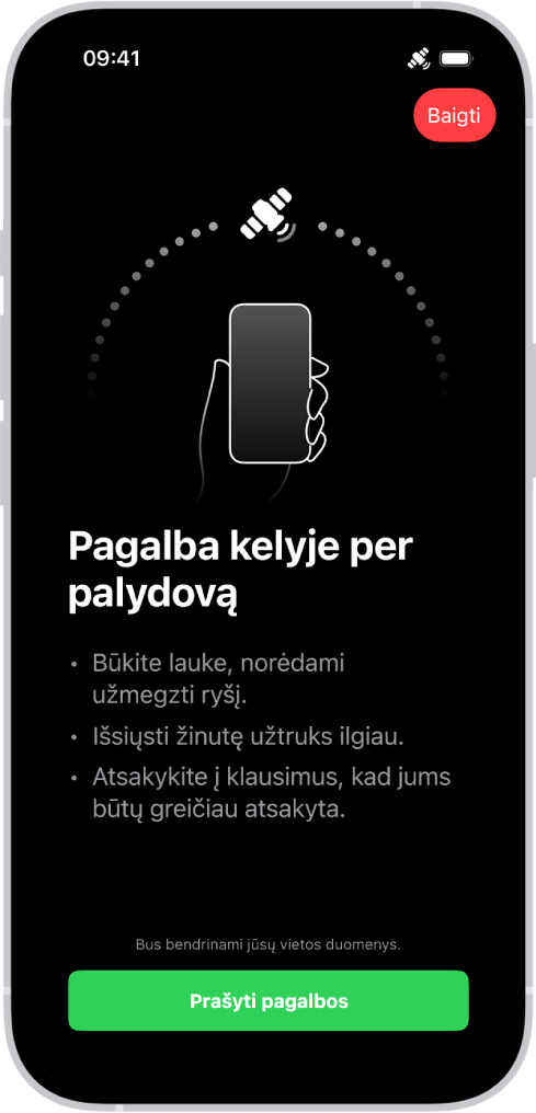 „Pagalba kelyje per palydovą“ ekranas. Ekrano apačioje yra mygtukas „Prašyti pagalbos“.