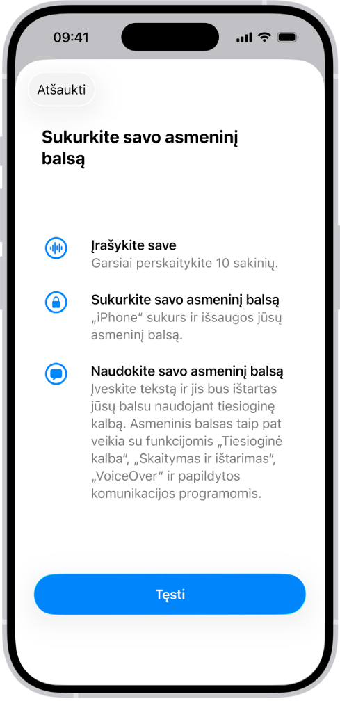 „iPhone“ įrenginyje rodoma informacija apie asmeninio balso kūrimą.