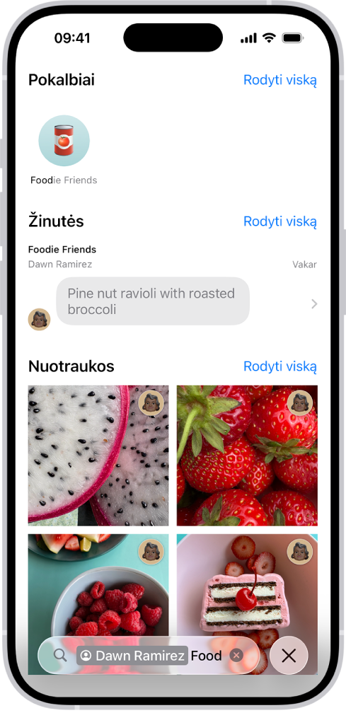 Paieškos rezultatai programoje „Žinutės“. Paieškos lauke yra žyma, pagal kurią ieškoma tik vieno asmens žinučių.