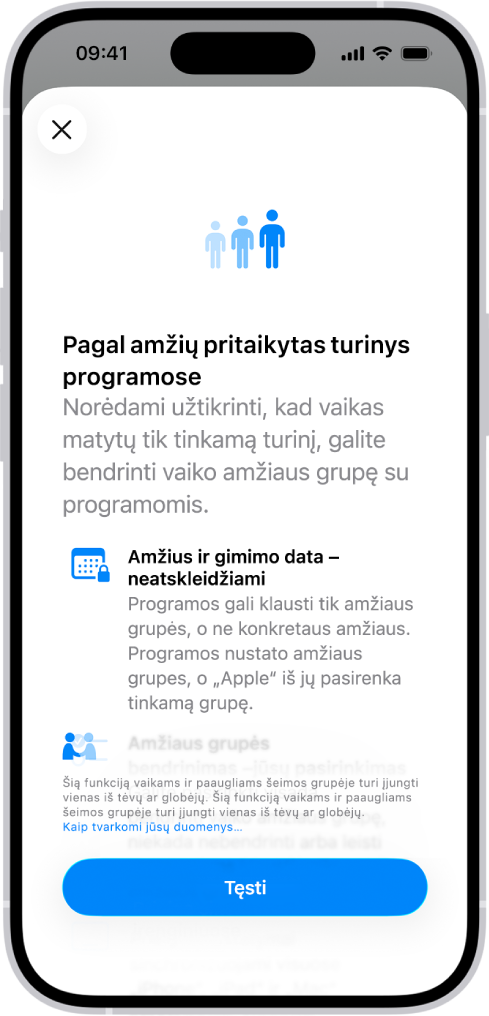Nustatymų ekranas „Pagal amžių pritaikytas turinys programose“. kuriame paaiškinta, kaip padėti vaikams gauti tinkama programos turinį, nurodant jų amžiaus grupę.