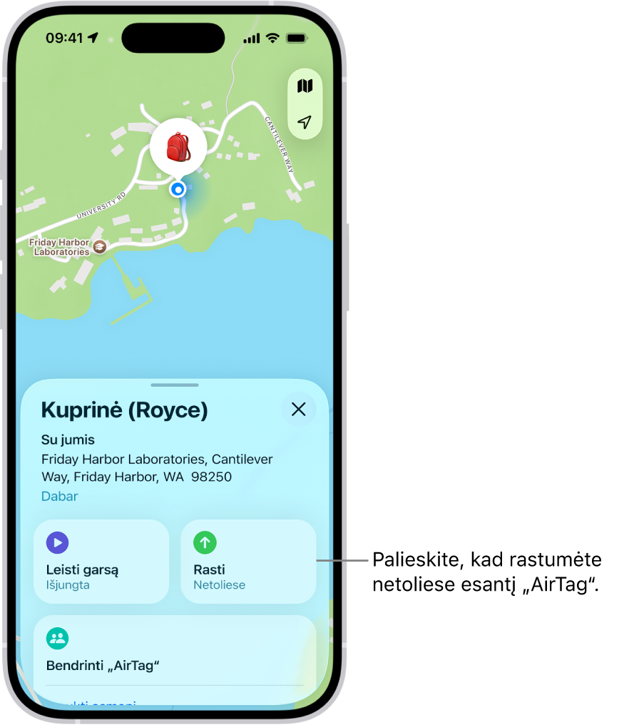 Atidarytoje programoje „Lokatorius“ rodoma, kad Danny raktai yra parke „Golden Gate“. Palieskite mygtuką „Rasti“, kad rastumėte netoliese esantį „AirTag“.