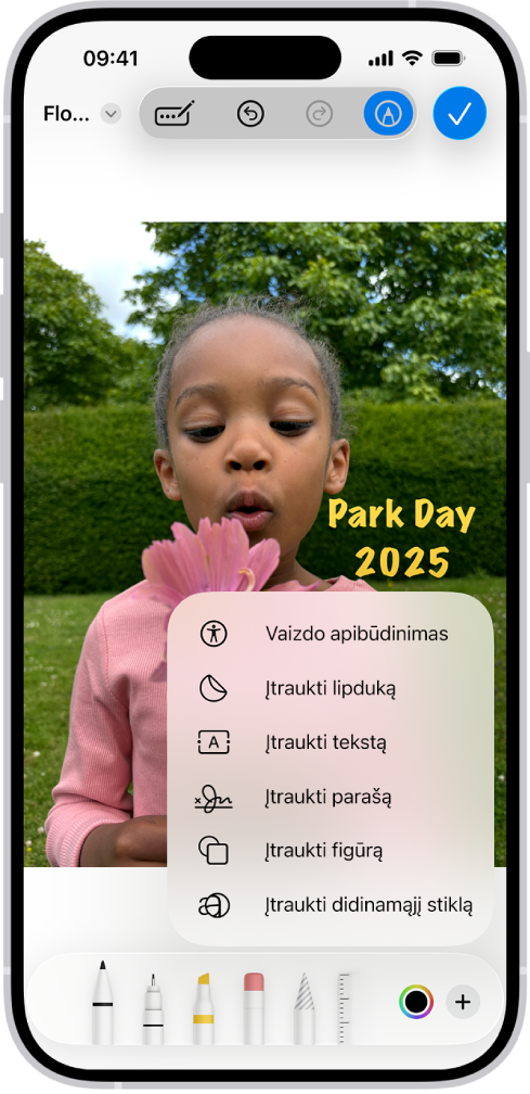 Programoje „Mail“ priedo PDF dokumente yra „Jausmaženklis“ lipdukas. Po tinklalapiu yra „Žymėjimas“ įrankiai.