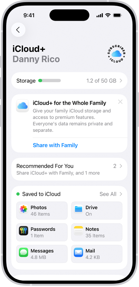 iCloud iestatījumu ekrāns, kurā redzams iCloud krātuves mērītājs un funkciju saraksts, tostarp Photos, iCloud Drive un iCloud Backup, ko var izmantot kopā ar iCloud.