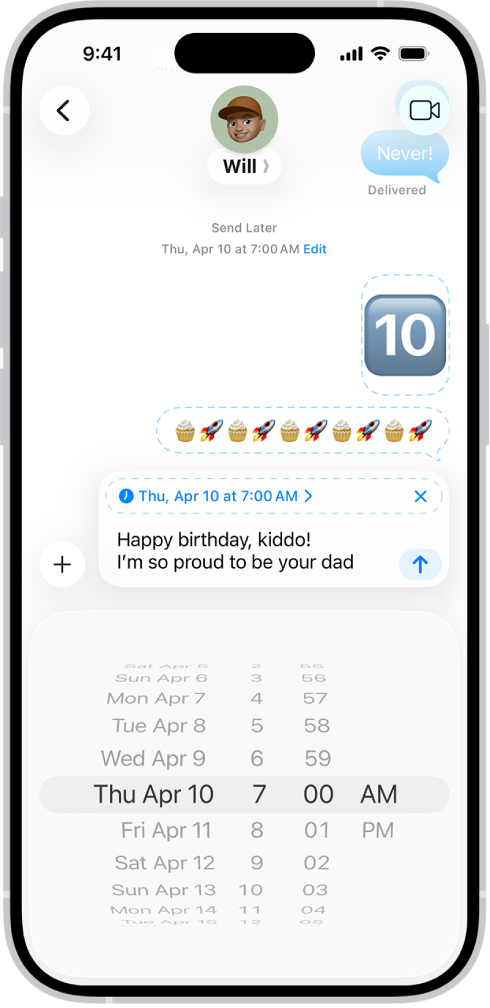 പിന്നീട് അയയ്ക്കാൻ ഷെഡ്യൂൾ ചെയ്ത സന്ദേശങ്ങളുള്ള ‘സന്ദേശങ്ങളി’ലെ ഒരു സംഭാഷണം.