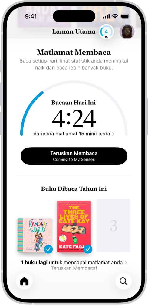 Skrin Matlamat Membaca menunjukkan statistik untuk pengguna—seperti bacaan hari ini, rekod bacaan mingguan mereka dan buku yang mereka baca tahun ini. Sepanjang bahagian bawah ialah tab Laman Utama (yang dipilih), Pustaka, Kedai Buku, Buku Audio dan Cari.