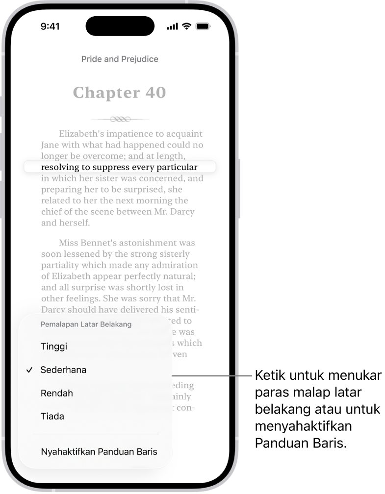 Halaman buku dalam app Buku. Satu baris teks diserlahkan dan teks yang lain dimalapkan. Di penjuru kiri bawah skrin ialah butang Menu Panduan Baris.