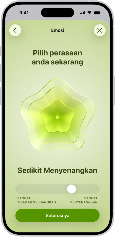 Skrin dalam app Kesihatan mengenal pasti perasaan semasa sebagai Sedikit Menyenangkan. Di bahagian bawah skrin ialah gelangsar untuk melaraskan tahap emosi.