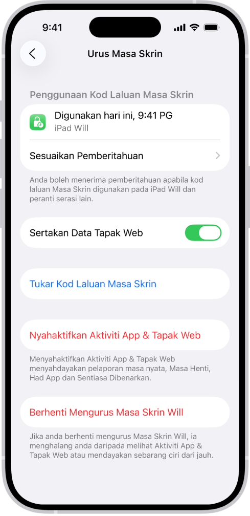 Skrin Urus Masa Skrin untuk kanak-kanak dalam keluarga. Bahagian atas skrin menunjukkan masa terakhir kod laluan digunakan dan peranti yang menggunakannya.