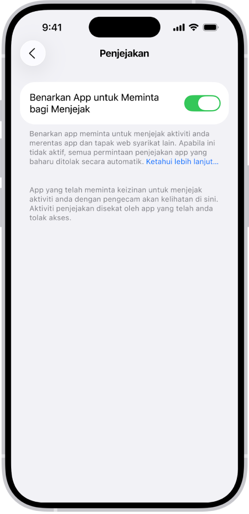 Skrin Penjejakan, dengan seting untuk mengawal sama ada app boleh meminta untuk menjejak anda merentas tapak web atau app yang dimiliki oleh syarikat lain.