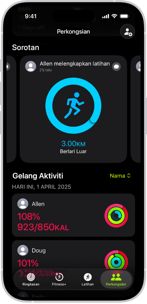 Skrin Perkongsian Kecergasan, dengan gelung aktiviti dan serlahan aktiviti dikongsi antara seseorang dan rakan mereka.