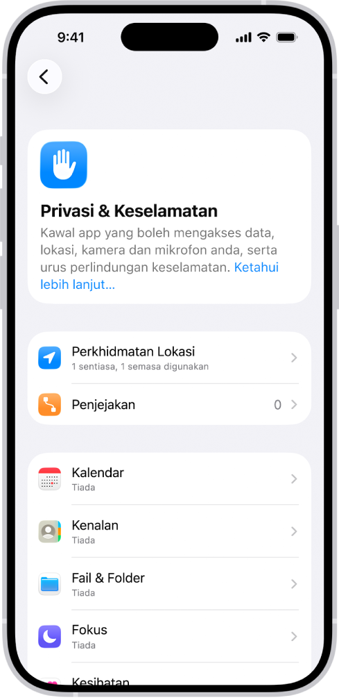 Skrin Privasi & Keselamatan, dengan seting untuk Perkhidmatan dan Penjejakan Lokasi, serta seting untuk mengawal app yang boleh mengakses data anda.