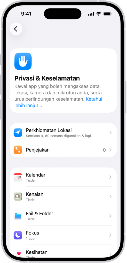 Skrin Privasi & Keselamatan dalam Seting.