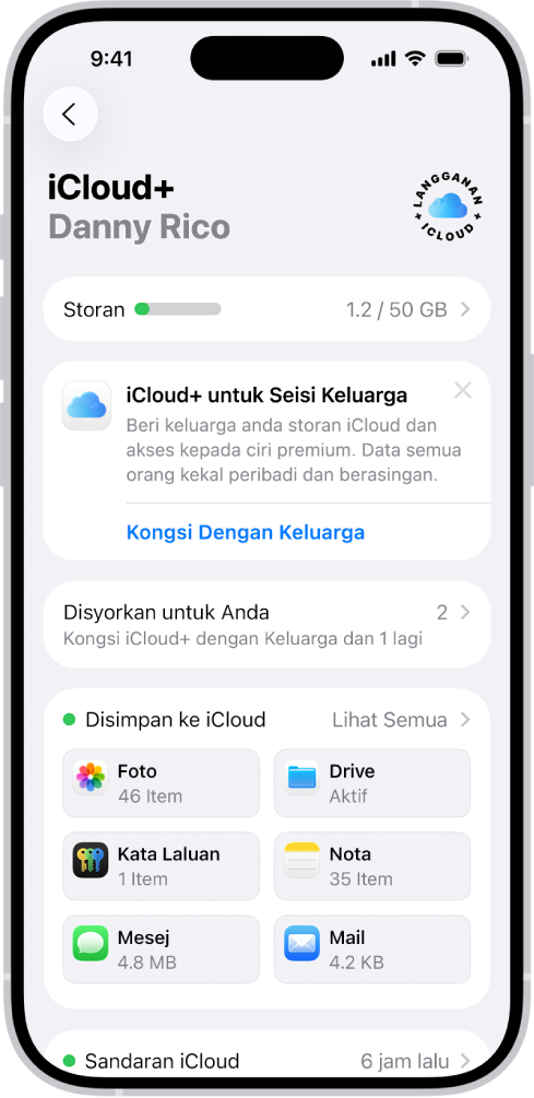 Skrin seting iCloud menunjukkan meter storan iCloud dan senarai ciri—termasuk Foto, iCloud Drive dan Sandaran iCloud—yang boleh digunakan dengan iCloud.