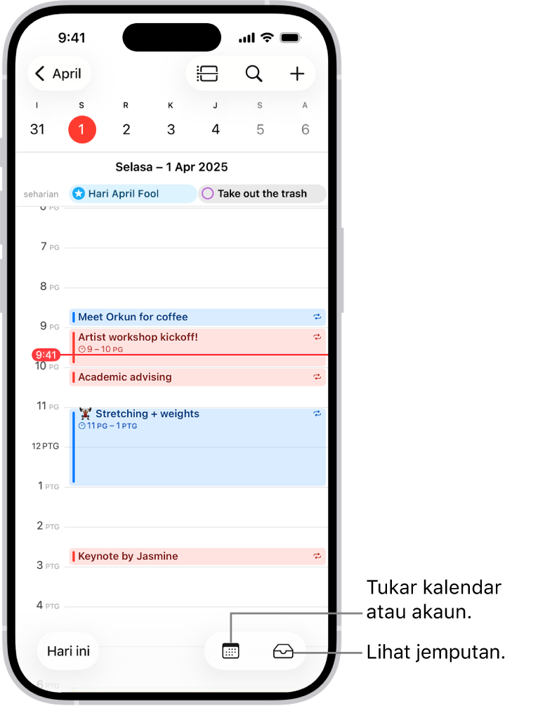 Kalendar dalam paparan Hari menunjukkan peristiwa hari tersebut. Butang Kalendar berada di bahagian tengah bawah skrin dan butang Peti Masuk berada di bahagian kanan bawah.