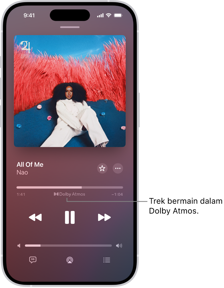 Skrin Kini Dimainkan menunjukkan ikon Dolby Atmos untuk trek yang sedang bermain.