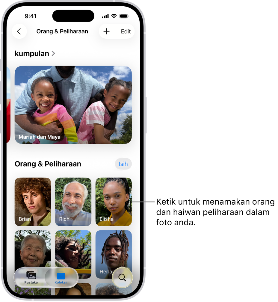 Koleksi Orang & Peliharaan dalam app Foto. Kumpulan kelihatan di bahagian atas dan orang serta haiwan peliharaan disenaraikan di bawah.