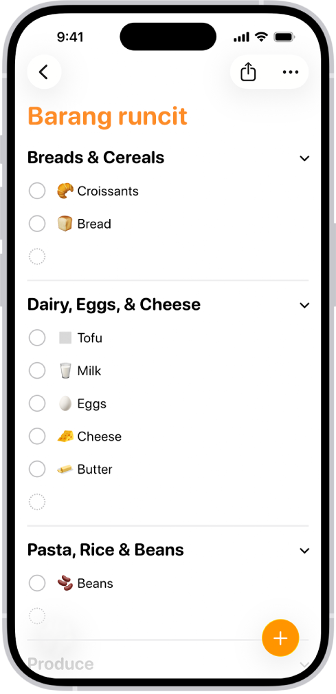 App Peringatan, menunjukkan senarai barang runcit dengan item dalam kategori seperti Barang Basah dan Makanan Laut.