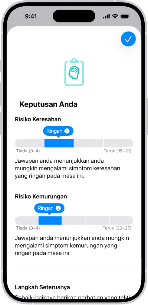 Skrin dalam app Kesihatan menunjukkan keputusan soal selidik kesihatan mental.