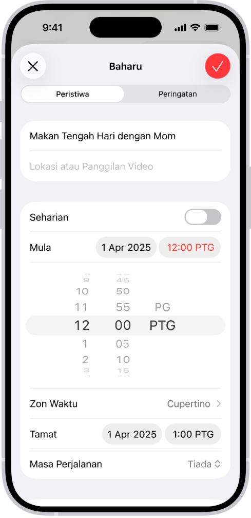 Peristiwa kalendar menunjukkan seting untuk masa dan zon masa peristiwa.