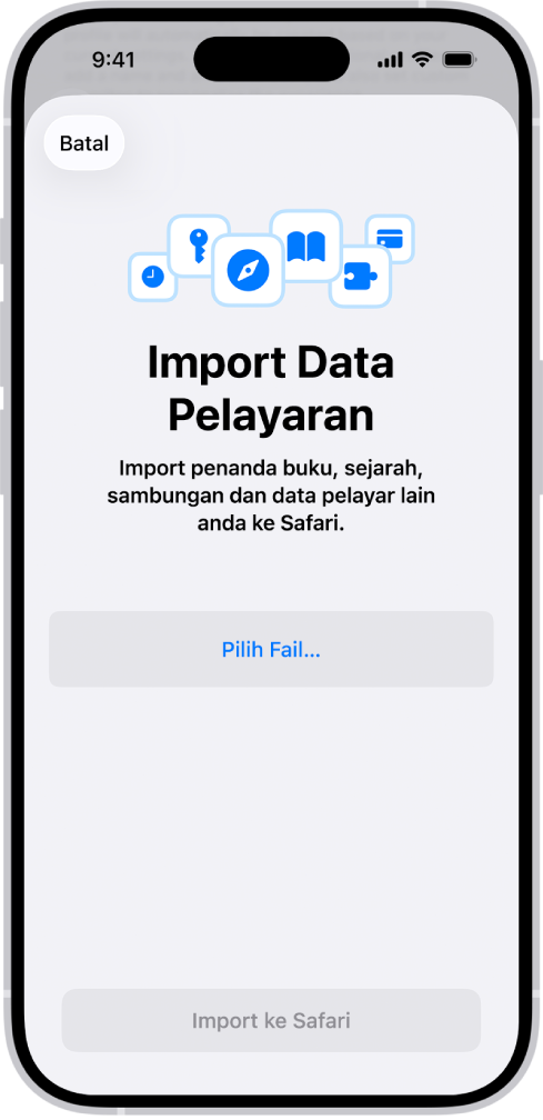 Skrin Import Data Pelayaran, yang menggesa anda untuk memilih fail untuk dieksport.