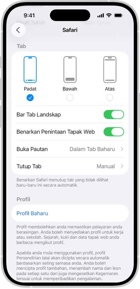 Skrin menunjukkan tiga pilihan tataletak Safari: Padat, Bawah dan Atas.