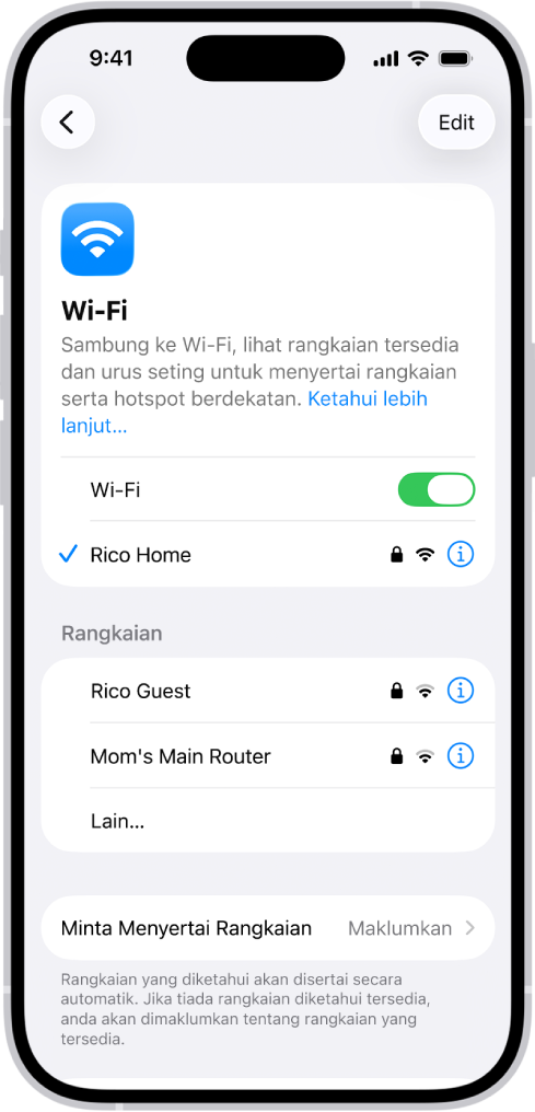 Skrin pilihan Wi-Fi dalam Seting. Wi-Fi diaktifkan dan rangkaian dipilih.