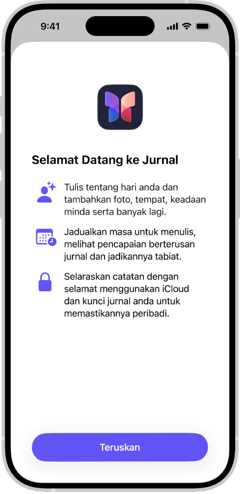 Skrin selamat datang untuk app Jurnal.