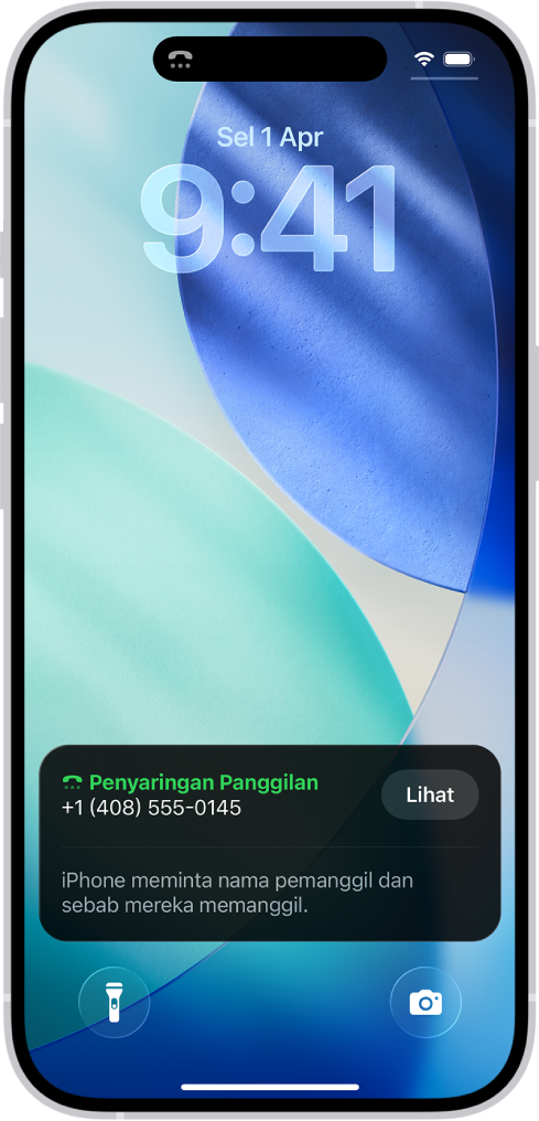 iPhone dengan pemberitahuan Penyaringan Panggilan dipaparkan pada Skrin Kunci. Pemberitahuan menyatakan bahawa iPhone bertanyakan pemanggil tentang nama mereka dan sebab panggilan mereka.