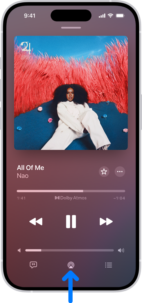 Kawalan main balik untuk Muzik, termasuklah butang Destinasi Main Balik di bahagian bawah skrin.