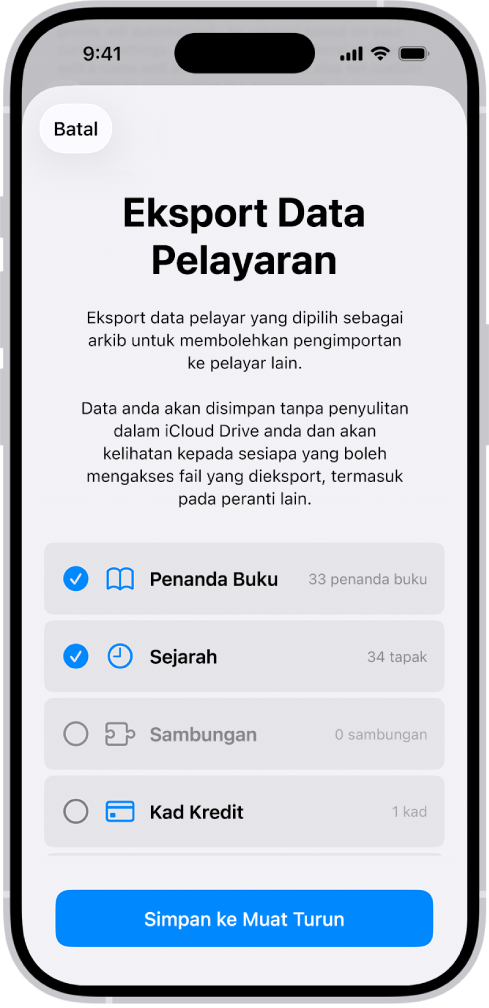Skrin Eksport Data Pelayaran yang menunjukkan data yang anda eksport daripada Safari ke pelayar lain.
