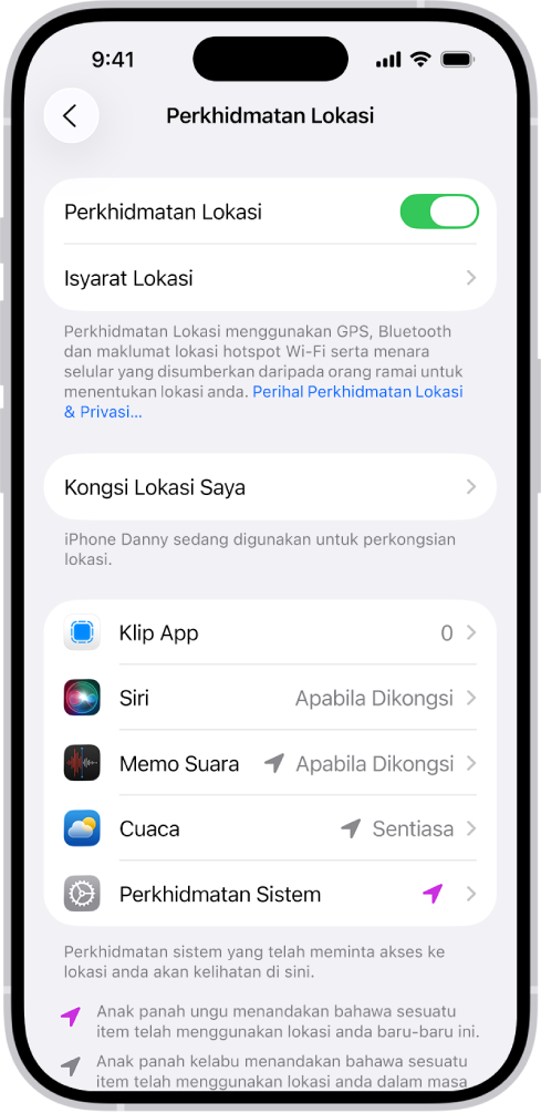 Skrin Perkhidmatan Lokasi, dengan seting untuk berkongsi lokasi iPhone anda dengan app.