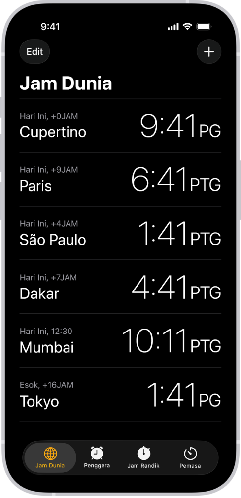 Tab Jam Dunia, menunjukkan waktu di pelbagai bandar. Butang Edit berdekatan penjuru kiri atas membolehkan anda menyusun semula atau memadamkan jam. Butang Tambah berdekatan penjuru kanan atas membolehkan anda menambah lebih banyak jam. Butang Jam Dunia, Penggera, Jam Randik dan Pemasa ada di sepanjang bahagian bawah.