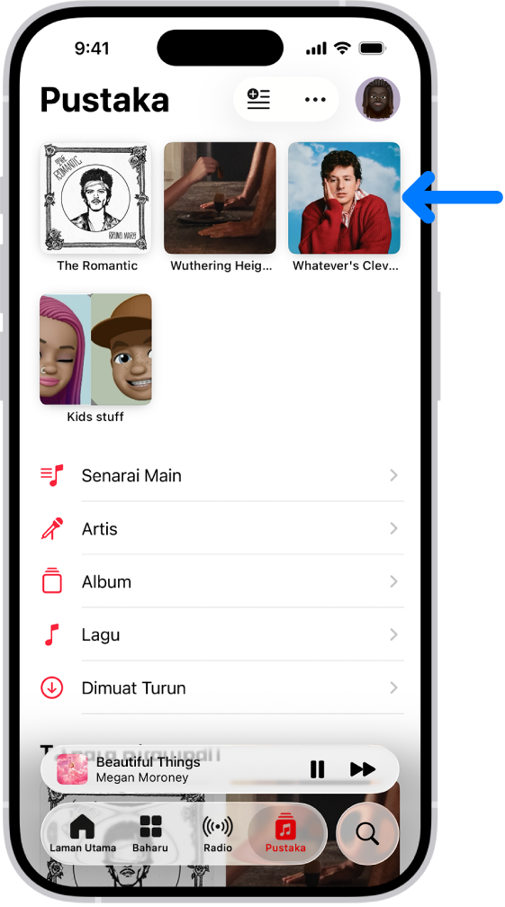Tab Pustaka dengan anak panah yang menunjuk ke item dipinkan, seperti lagu, album dan senarai main di bahagian atas.