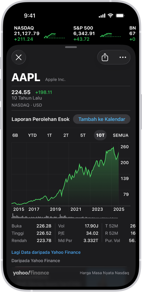 Di bahagian tengah skrin ialah carta yang menunjukkan prestasi untuk salam dalam tempoh masa 10 tahun. Di atas carta ialah pemberitahuan bahawa syarikat merancang untuk berkongsi laporan perolehan pada hari seterusnya, dengan butang untuk menambah peristiwa tersebut ke Kalendar.